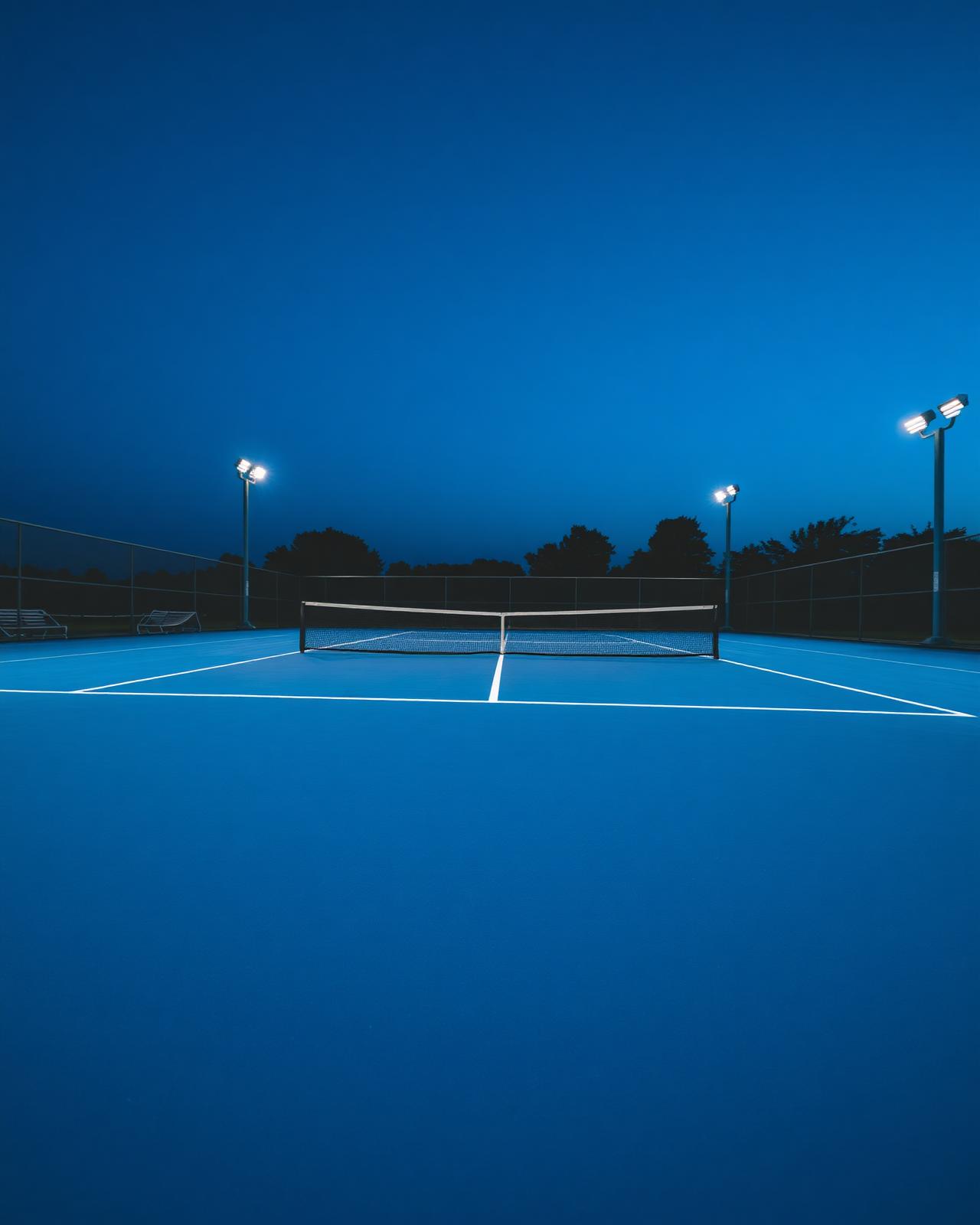 Floodlit tennis court at dusk